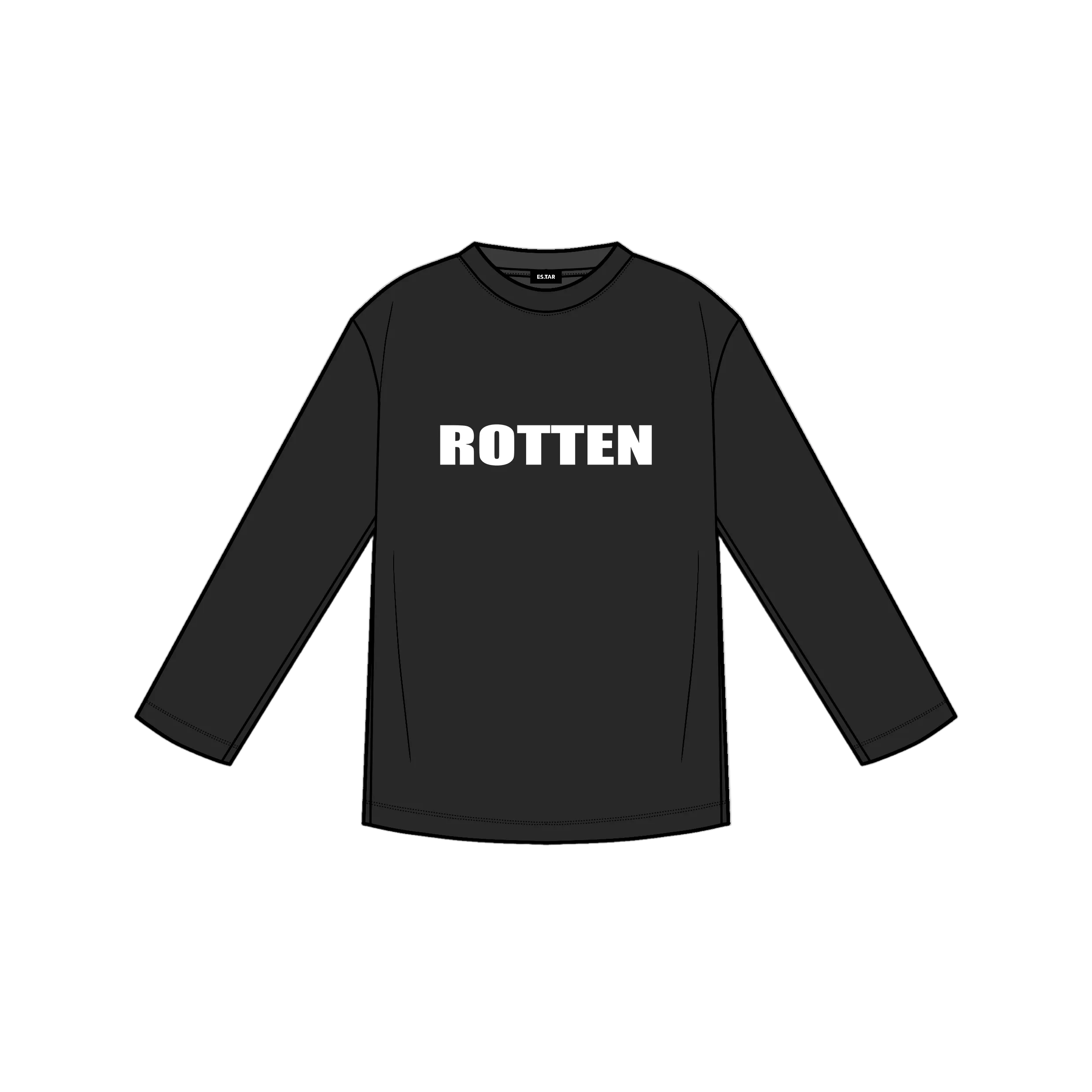 Black long-sleeve shirt with 'ROTTEN' text on a white background