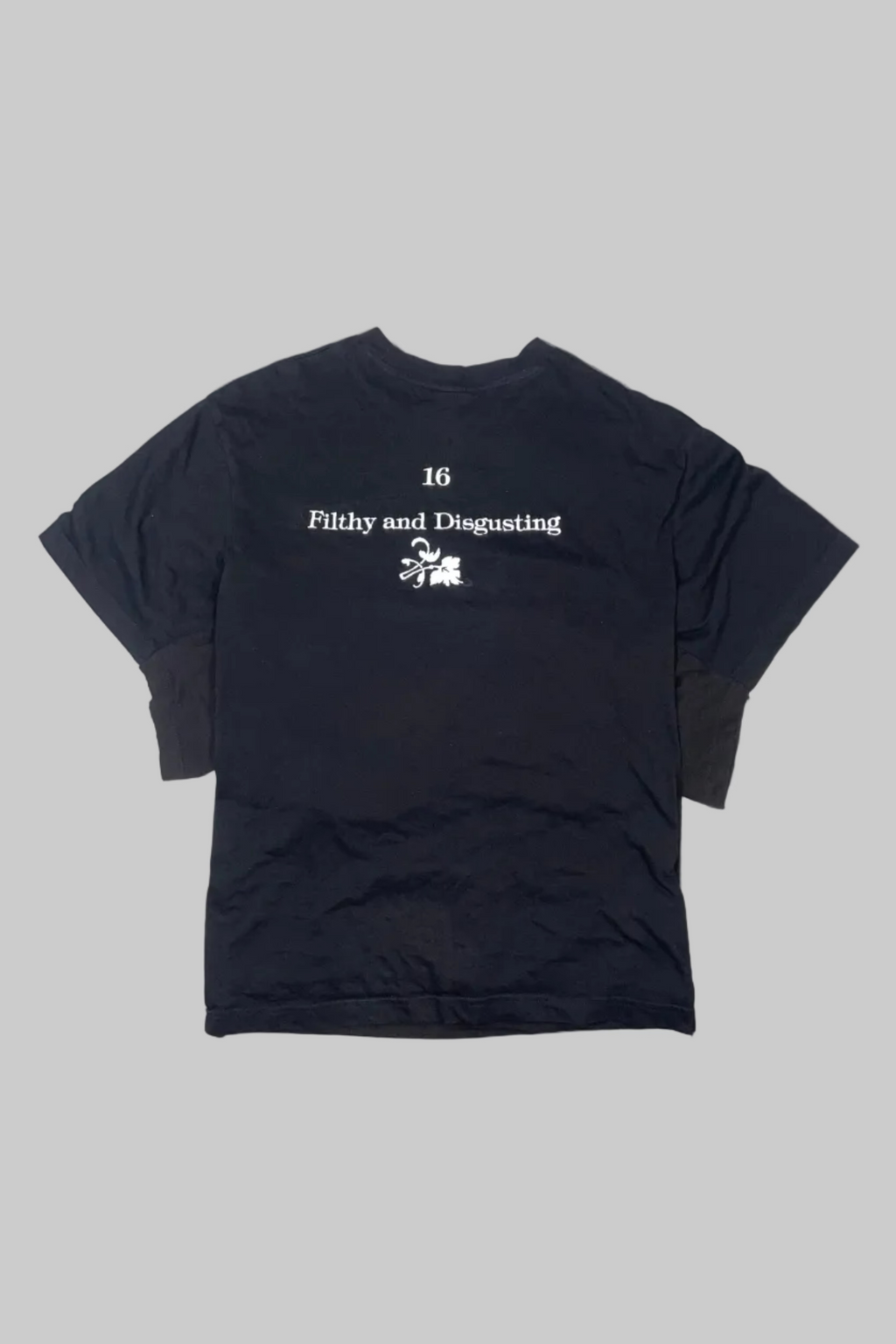 A black short-sleeve t-shirt laid flat on a white-painted wooden plank surface, featuring white printed text on the chest that reads '16 Filthy and Disgusting' with a small graphic below.