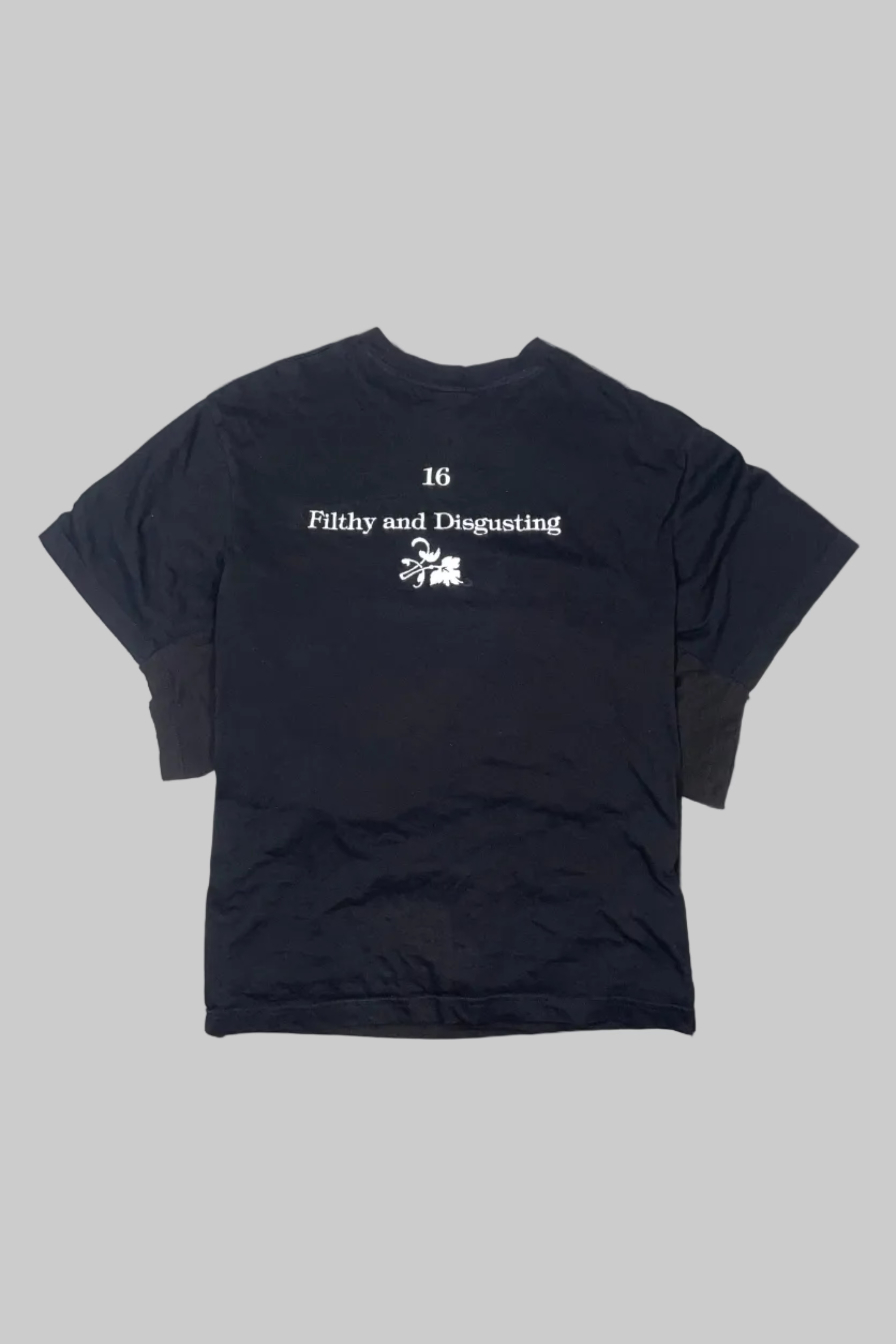 A black short-sleeve t-shirt laid flat on a white-painted wooden plank surface, featuring white printed text on the chest that reads '16 Filthy and Disgusting' with a small graphic below.