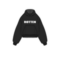 Black hoodie with 'ROTTEN' text on a white background