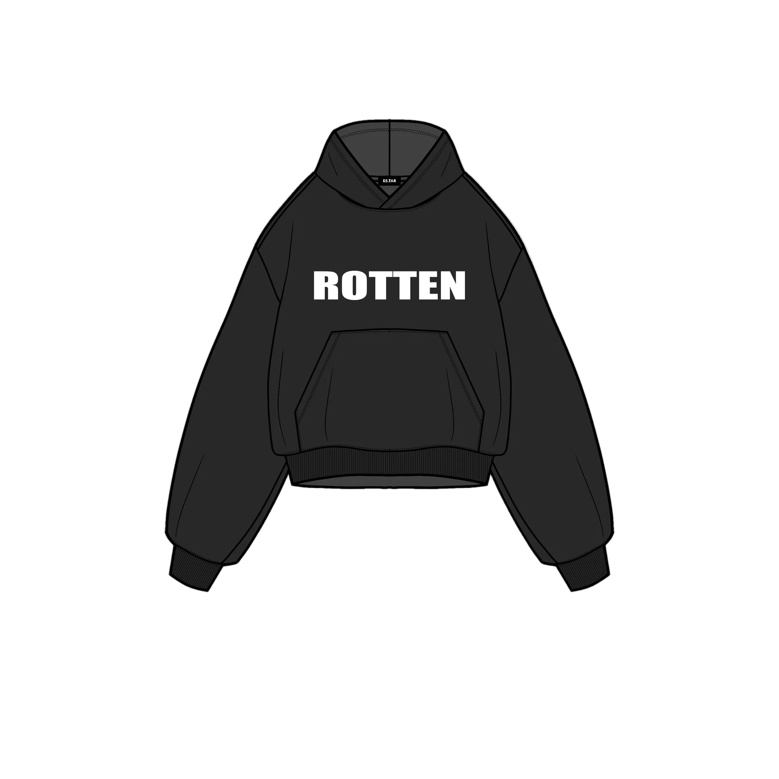 Black hoodie with 'ROTTEN' text on a white background